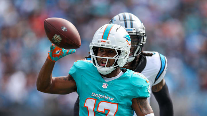 Miami Dolphins wide receiver Jaylen Waddle (17) misses a catch during the fourth quarter against the Carolina Panthers at Bank of America Stadium.