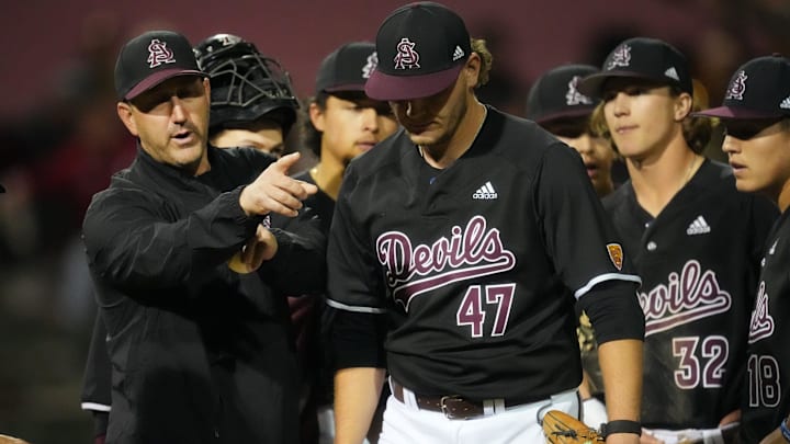 ASU Sun Devils head coach Willie Bloomquist calls for a new pitcher to take on the Washington State Cougars during a game on April 7, 2023, at Phoenix Municipal Stadium in Phoenix.