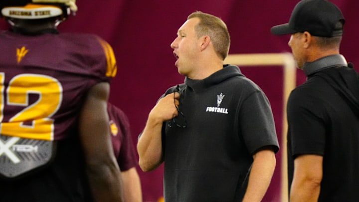 Arizona State head coach Kenny Dillingham during a practice inside the Verde Dickey Dome in Tempe on August 12, 2025. Arizona State head coach Kenny Dillingham during a practice inside the Verde Dickey Dome in Tempe on August 12, 2025.