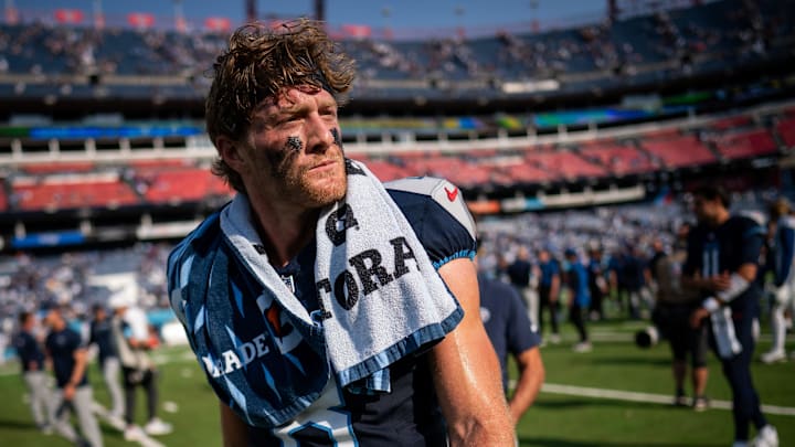 Tennessee Titans quarterback Will Levis (8) exits the field after losing to the Indianapolis Colts 20-17 at Nissan Stadium in Nashville, Tenn., Sunday, Oct. 13, 2024. Tennessee Titans quarterback Will Levis (8) exits the field after losing to the Indianapolis Colts 20-17 at Nissan Stadium in Nashville, Tenn., Sunday, Oct. 13, 2024.