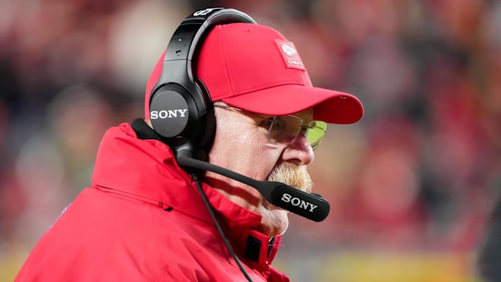 Dec 7, 2025; Kansas City, Missouri, USA; Kansas City Chiefs head coach Andy Reid looks on during the third quarter against the Houston Texans at GEHA Field at Arrowhead Stadium. Mandatory Credit: Denny Medley-Imagn Images