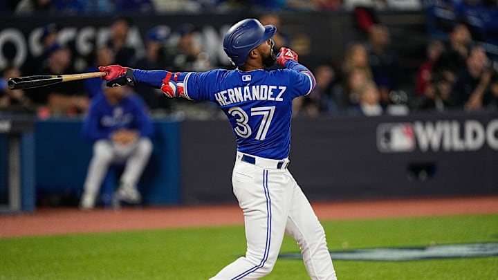 Toronto Blue Jays right fielder Teoscar Hernandez (37) hits a two run home run in the second inning against the Seattle Mariners during game two of the Wild Card series for the 2022 MLB Playoffs at Rogers Centre. Toronto Blue Jays right fielder Teoscar Hernandez (37) hits a two run home run in the second inning against the Seattle Mariners during game two of the Wild Card series for the 2022 MLB Playoffs at Rogers Centre.