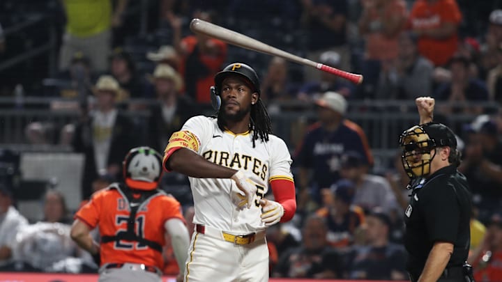 Pittsburgh, Pennsylvania, USA; Pittsburgh Pirates center fielder Oneil Cruz (15) reacts after striking out with two men on against the Houston Astros during the seventh inning at PNC Park. Pittsburgh, Pennsylvania, USA; Pittsburgh Pirates center fielder Oneil Cruz (15) reacts after striking out with two men on against the Houston Astros during the seventh inning at PNC Park.