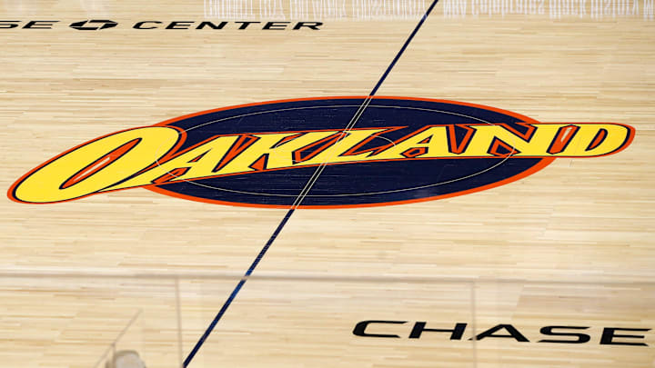 Feb 2, 2021; San Francisco, California, USA; An Oakland logo is displayed at half court as seen before the game between the Golden State Warriors and the Boston Celtics at Chase Center. Mandatory Credit: Darren Yamashita-Imagn Images