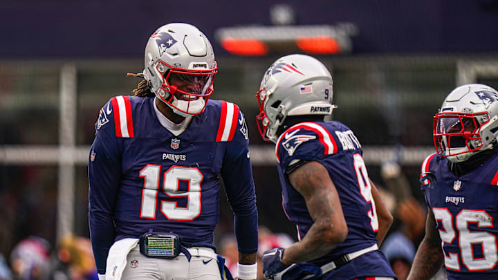 Jan 5, 2025; Foxborough, Massachusetts, USA; New England Patriots quarterback Joe Milton III (19) reacts after his touchdown pass against the Buffalo Bills in the first half at Gillette Stadium. Mandatory Credit: David Butler II-Imagn Images Jan 5, 2025; Foxborough, Massachusetts, USA; New England Patriots quarterback Joe Milton III (19) reacts after his touchdown pass against the Buffalo Bills in the first half at Gillette Stadium. Mandatory Credit: David Butler II-Imagn Images