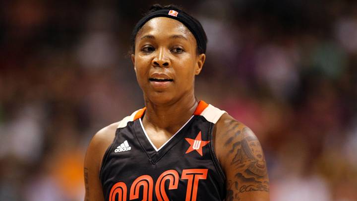 Jul 27, 2013; Uncasville, CT, USA; Eastern Conference guard Cappie Pondexter (23) of the New York Liberty reacts during the 2013 WNBA All Star Game at Mohegan Sun Arena. Mandatory Credit: Danny Wild-Imagn Images