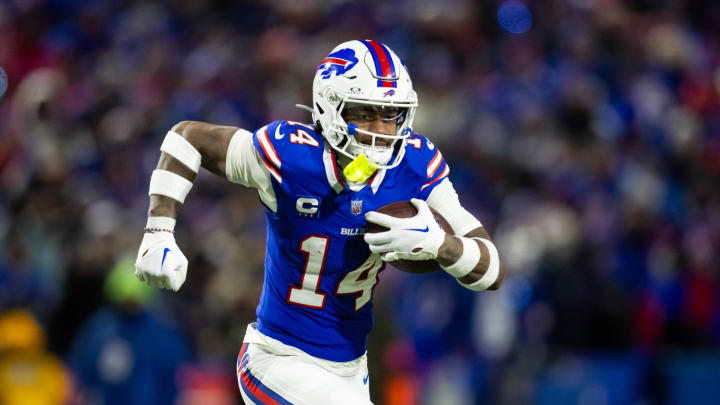 Jan 21, 2024; Orchard Park, New York, USA; Buffalo Bills wide receiver Stefon Diggs (14) against the Kansas City Chiefs in the 2024 AFC divisional round game at Highmark Stadium. Mandatory Credit: Mark J. Rebilas-USA TODAY Sports Jan 21, 2024; Orchard Park, New York, USA; Buffalo Bills wide receiver Stefon Diggs (14) against the Kansas City Chiefs in the 2024 AFC divisional round game at Highmark Stadium. Mandatory Credit: Mark J. Rebilas-USA TODAY Sports