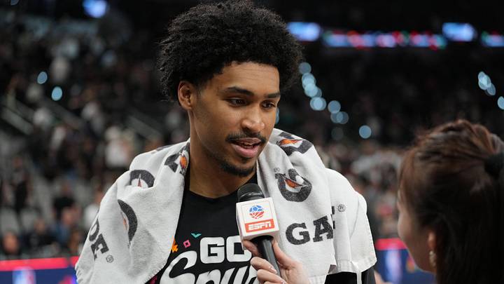 May 28, 2026; San Antonio, Texas, USA; San Antonio Spurs guard Dylan Harper (2) speaks to the media after game six of the western conference finals for the 2026 NBA playoffs at Frost Bank Center. 