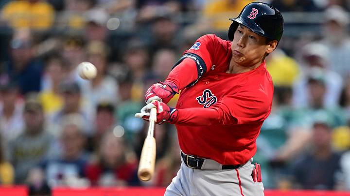 Aug 14, 2026; Pittsburgh, Pennsylvania, USA; Boston Red Sox designated hitter Masataka Yoshida (7) flies out during the fish inning against the Pittsburgh Pirates at PNC Park. Mandatory Credit: David Dermer-Imagn Images