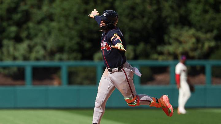 Sep 6, 2026; Philadelphia, Pennsylvania, USA; Atlanta Braves right fielder Ronald Acuña Jr. (13) reacts as he runs the bases after hitting a three-run home run against the Philadelphia Phillies during the eighth inning at Citizens Bank Park. Mandatory Credit: Bill Streicher-Imagn Images