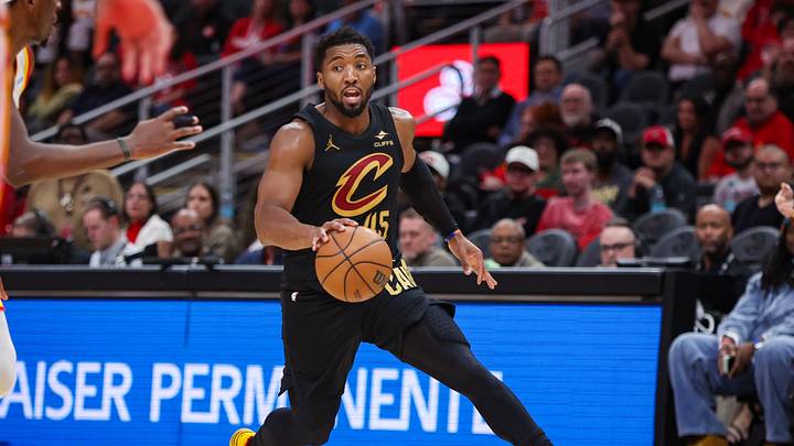 Oct 29, 2026; Atlanta, Georgia, USA; Cleveland Cavaliers guard Donovan Mitchell (45) dribbles against the Atlanta Hawks in the fourth quarter at State Farm Arena. Mandatory Credit: Brett Davis-Imagn Images