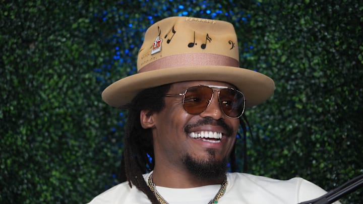 Feb 7, 2025; New Orleans, LA, USA; Cam Newton on Radio Row at the Super Bowl LIX media center. 