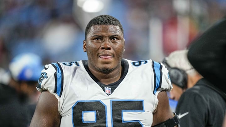 Oct 9, 2022; Charlotte, North Carolina, USA; Carolina Panthers defensive tackle Derrick Brown (95) reacts to the final seconds of the game against the San Francisco 49ers at Bank of America Stadium. 