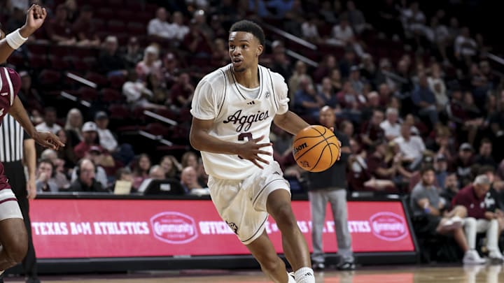 Nov 6, 2025; College Station, Texas, USA; Texas A&M Aggies guard Rylan Griffen (3) drives to the basket against the Texas Southern Tigers during the second half at Reed Arena. Mandatory Credit: Maria Lysaker-Imagn Images  