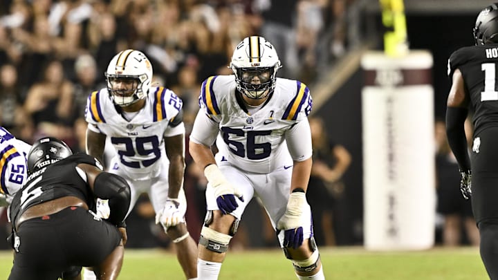 Oct 26, 2024; College Station, Texas, USA; LSU Tigers offensive tackle Will Campbell (66) lines up during the second half against the Texas A&M Aggies. The Aggies defeated the Tigers 38-23; at Kyle Field. Oct 26, 2024; College Station, Texas, USA; LSU Tigers offensive tackle Will Campbell (66) lines up during the second half against the Texas A&M Aggies. The Aggies defeated the Tigers 38-23; at Kyle Field.