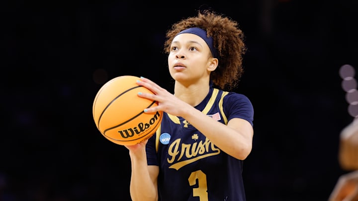 Mar 29, 2026; Fort Worth, TX, USA; Notre Dame Fighting Irish guard Hannah Hidalgo (3) shoots a free throw during the second half at Dickies Arena. Mandatory Credit: Chris Jones-Imagn Images