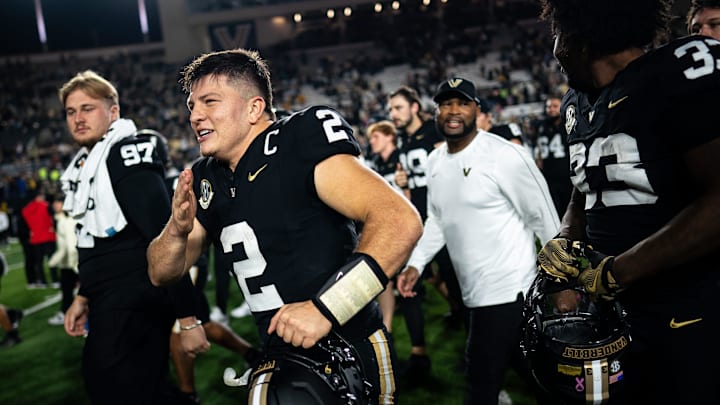 Vanderbilt quarterback Diego Pavia (2) celebrates after defeating Ball State 24-14 at FirstBank Stadium in Nashville, Tenn., Saturday, Oct. 19, 2024.