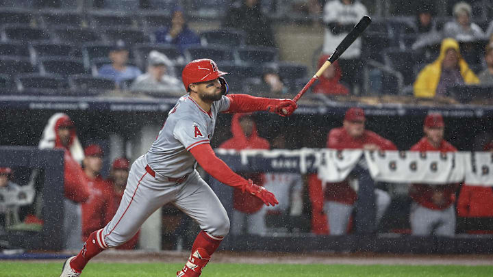 Los Angeles Angels left fielder Kevin Pillar (12) hits a two run single in the fifth inning against the New York Yankees at Yankee Stadium in 2024. Los Angeles Angels left fielder Kevin Pillar (12) hits a two run single in the fifth inning against the New York Yankees at Yankee Stadium in 2024.