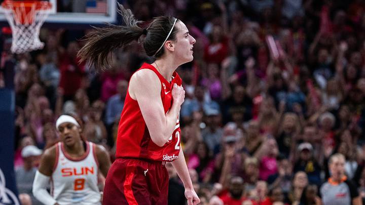 Aug 28, 2026; Indianapolis, Indiana, USA;  Indiana Fever guard Caitlin Clark (22) celebrates a made basket in the first half against the Connecticut Sun at Gainbridge Fieldhouse.  Mandatory Credit: Trevor Ruszkowski-Imagn Images