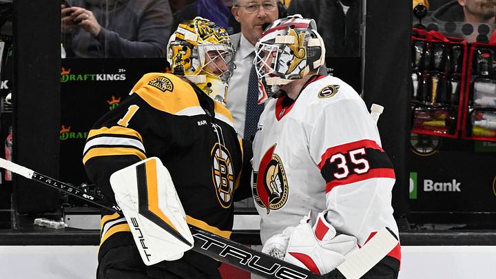 Nov 9, 2024; Boston, Massachusetts, USA; Boston Bruins goaltender Jeremy Swayman (1) talks with Ottawa Senators goaltender Linus Ullmark (35) before a game at TD Garden. Mandatory Credit: Brian Fluharty-Imagn Images