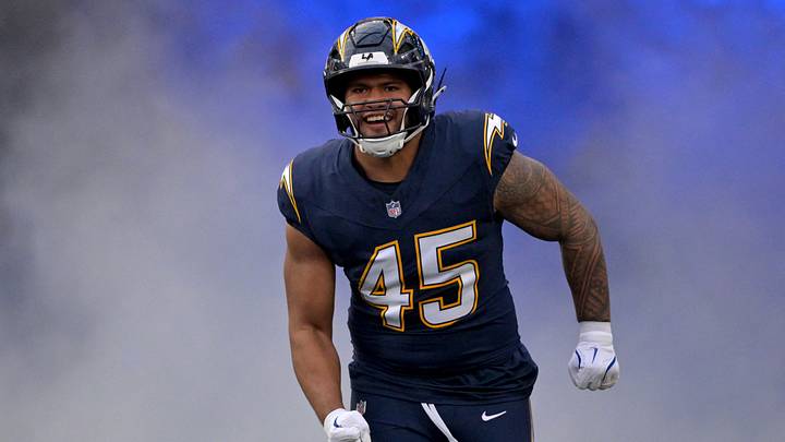 Oct 23, 2025; Inglewood, California, USA; Los Angeles Chargers edge rusher Tuli Tuipulotu (45) is introduced for the game against the Minnesota Vikings at SoFi Stadium. Mandatory Credit: Jayne Kamin-Oncea-Imagn Images Oct 23, 2025; Inglewood, California, USA; Los Angeles Chargers edge rusher Tuli Tuipulotu (45) is introduced for the game against the Minnesota Vikings at SoFi Stadium. Mandatory Credit: Jayne Kamin-Oncea-Imagn Images