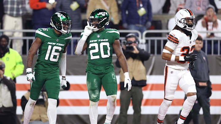 Dec 28, 2023; Cleveland, Ohio, USA; New York Jets running back Breece Hall (20) gestures toward the