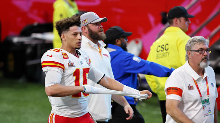 Feb 9, 2025; New Orleans, LA, USA; Kansas City Chiefs quarterback Patrick Mahomes (15) walks off the field after losing against the Philadelphia Eagles in Super Bowl LIX at Caesars Superdome. Mandatory Credit: Bill Streicher-Imagn Images
