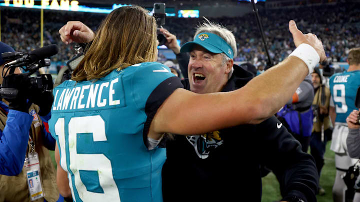 Jan 14, 2023; Jacksonville, Florida, USA; Jacksonville Jaguars HC Doug Pederson and Trevor Lawrence Jan 14, 2023; Jacksonville, Florida, USA; Jacksonville Jaguars HC Doug Pederson and Trevor Lawrence