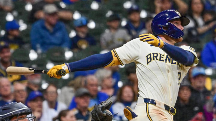 Apr 30, 2024; Milwaukee, Wisconsin, USA;  Milwaukee Brewers second baseman Brice Turang (2) hits a