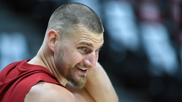 Apr 18, 2026; Denver, Colorado, USA; Denver Nuggets center Nikola Jokic (15) warms up before the game against the Minnesota Timberwolves. Mandatory Credit: Christopher Hanewinckel-Imagn Images