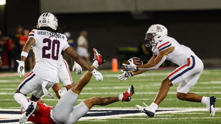 Aug 31, 2024; Tucson, Arizona, USA; Arizona Wildcats defensive back Treydan Stukes (2) intercepts ball from New Mexico Lobos wide receiver Shawn Miller (14) during third quarter at Arizona Stadium. Mandatory Credit: Aryanna Frank-Imagn Images Aug 31, 2024; Tucson, Arizona, USA; Arizona Wildcats defensive back Treydan Stukes (2) intercepts ball from New Mexico Lobos wide receiver Shawn Miller (14) during third quarter at Arizona Stadium. Mandatory Credit: Aryanna Frank-Imagn Images