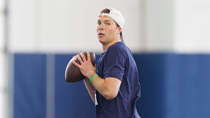 Quarterback Riley Leonard during Notre Dame football's Pro Day at Irish Athletic Center on Thursday, March 27, 2025, in South Bend. Quarterback Riley Leonard during Notre Dame football's Pro Day at Irish Athletic Center on Thursday, March 27, 2025, in South Bend.