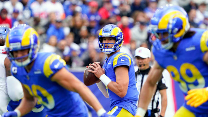 Los Angeles Rams quarterback Matthew Stafford (9) looks to throw in the first half. The Giants fall to the Rams, 38-11, at MetLife Stadium on Sunday, Oct. 17, 2021, in East Rutherford.

Nyg Vs Lar