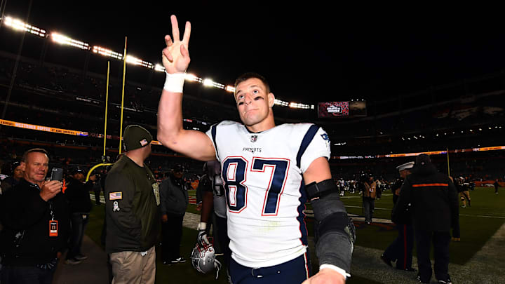 New England Patriots tight end Rob Gronkowski (87) following the win over the Denver Broncos at Sports Authority Field. New England Patriots tight end Rob Gronkowski (87) following the win over the Denver Broncos at Sports Authority Field.