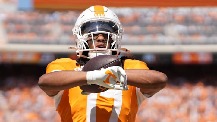 Tennessee wide receiver Chris Brazzell II (17) celebrates after scoring a touchdown against UAB in an NCAA college football game on September 20, 2025, in Knoxville, Tennessee.