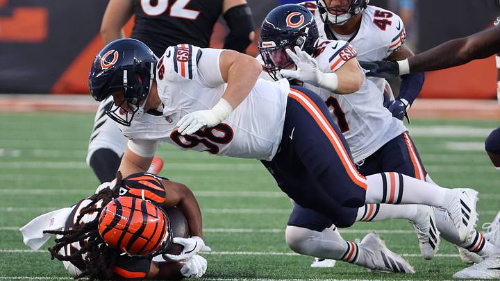 Chicago Bears defensive tackle Jordan van den Berg (96) makes a tackle against Cincinnati Bengals running back Kentrel Bullock (31) during the second quarter at Paycor Stadium. Mandatory Credit: Joseph Maiorana-Imagn Images Chicago Bears defensive tackle Jordan van den Berg (96) makes a tackle against Cincinnati Bengals running back Kentrel Bullock (31) during the second quarter at Paycor Stadium. Mandatory Credit: Joseph Maiorana-Imagn Images