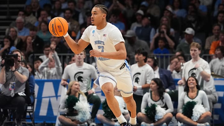 Mar 23, 2024; Charlotte, NC, USA; North Carolina Tar Heels guard Seth Trimble (7) against Michigan State Spartans at Spectrum Center. Mandatory Credit: Jim Dedmon-Imagn Images