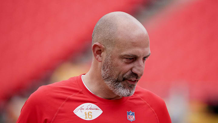 Oct 12, 2023; Kansas City, Missouri, USA; Kansas City Chiefs offensive coordinator Matt Nagy on field against the Denver Broncos prior to a game at GEHA Field at Arrowhead Stadium. Mandatory Credit: Denny Medley-Imagn Images