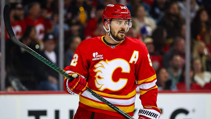 Jan 31, 2026; Calgary, Alberta, CAN; Calgary Flames defenseman MacKenzie Weegar (52) against the San Jose Sharks during the first period at Scotiabank Saddledome. Mandatory Credit: Sergei Belski-Imagn Images