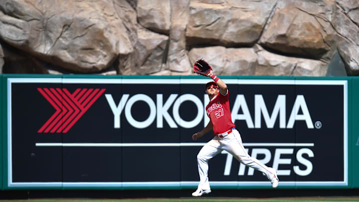 Apr 7, 2024; Anaheim, California, USA; Los Angeles Angels center fielder Mike Trout (27) tracks the fly ball of Boston Red Sox center fielder Jarren Duran (16) during the sixth inning at Angel Stadium. Mandatory Credit: Gary A. Vasquez-Imagn Images