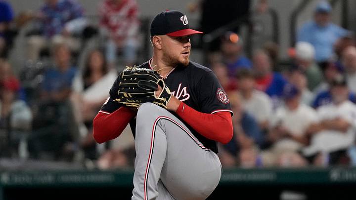 Aug 19, 2026; Arlington, Texas, USA; Washington Nationals pitcher Cade Cavalli (24) goes into the windup against the Texas Rangers during the fourth inning at Globe Life Field. Mandatory Credit: Raymond Carlin III-Imagn Images Aug 19, 2026; Arlington, Texas, USA; Washington Nationals pitcher Cade Cavalli (24) goes into the windup against the Texas Rangers during the fourth inning at Globe Life Field. Mandatory Credit: Raymond Carlin III-Imagn Images