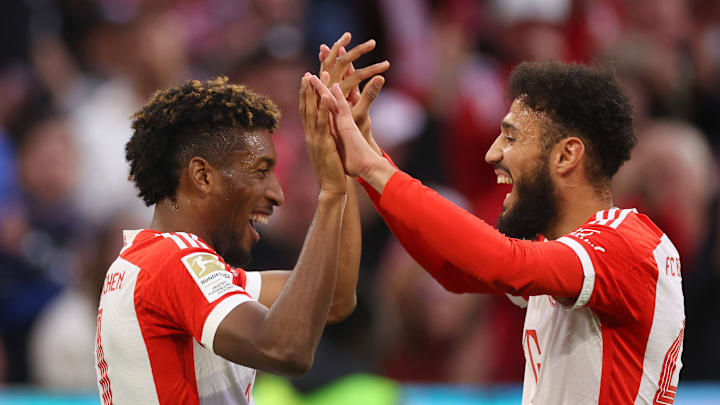 FC Bayern München v Sport-Club Freiburg - Bundesliga - Coman and Mazraoui embrace - two players who could leave Bayern this summer 
