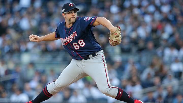 Oct 5, 2019; Bronx, NY, USA; Minnesota Twins starting pitcher Randy Dobnak (68) throws against the New York Yankees in the first inning in game two of the 2019 ALDS playoff baseball series at Yankee Stadium. Mandatory Credit: Brad Penner-Imagn Images