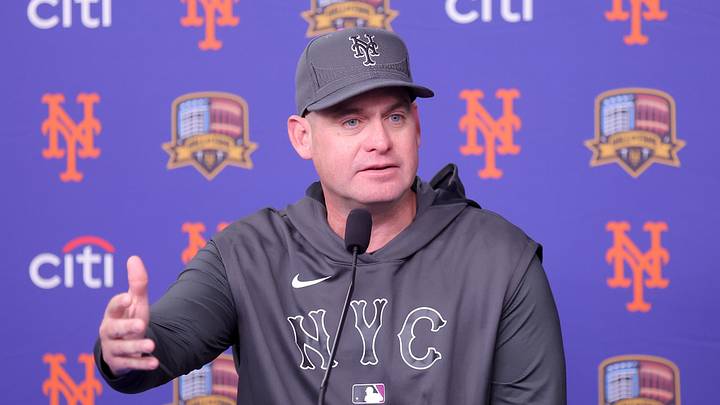 May 30, 2026; New York City, New York, USA; New York Mets manager Carlos Mendoza (64) meets the media before a game against the Miami Marlins at Citi Field. Mandatory Credit: Brad Penner-Imagn Images