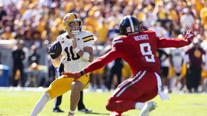 Oct 18, 2025; Tempe, Arizona, USA; Arizona State Sun Devils quarterback Sam Leavitt (10) against the Texas Tech Red Raiders at Mountain America Stadium. Mandatory Credit: Mark J. Rebilas-Imagn Images