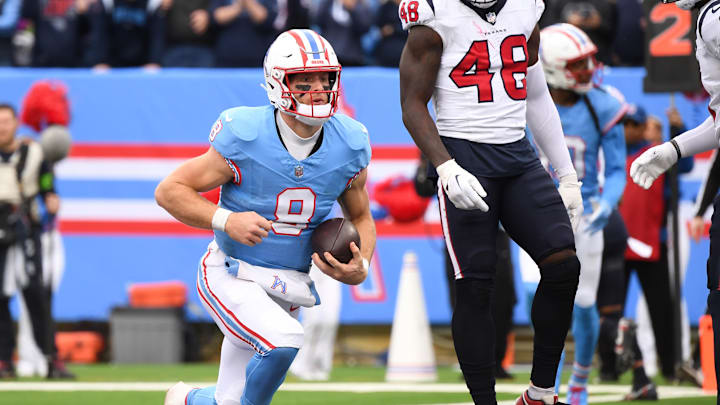 Dec 17, 2023; Nashville, Tennessee, USA; Tennessee Titans quarterback Will Levis (8) reacts after