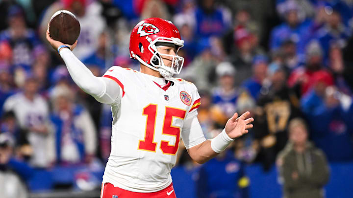 Nov 2, 2025; Orchard Park, New York, USA; Kansas City Chiefs quarterback Patrick Mahomes (15) throws the ball in the second half against the Buffalo Bills at Highmark Stadium. Mandatory Credit: Mark Konezny-Imagn Images