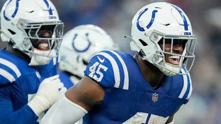 Indianapolis Colts linebacker E.J. Speed (45) celebrates after making an interception Sunday, Nov. 10, 2024, during a game against the Buffalo Bills at Lucas Oil Stadium in Indianapolis. Indianapolis Colts linebacker E.J. Speed (45) celebrates after making an interception Sunday, Nov. 10, 2024, during a game against the Buffalo Bills at Lucas Oil Stadium in Indianapolis.