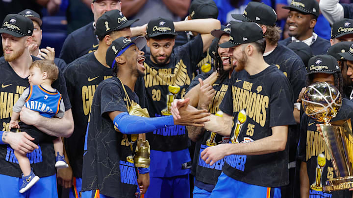 Jun 22, 2025; Oklahoma City, Oklahoma, USA; Oklahoma City Thunder guard Shai Gilgeous-Alexander (2) and Oklahoma City Thunder forward Chet Holmgren (7) celebrate after their team defeated the Indiana Pacers in game seven of the 2025 NBA Finals at Paycom Center. Mandatory Credit: Alonzo Adams-Imagn Images Jun 22, 2025; Oklahoma City, Oklahoma, USA; Oklahoma City Thunder guard Shai Gilgeous-Alexander (2) and Oklahoma City Thunder forward Chet Holmgren (7) celebrate after their team defeated the Indiana Pacers in game seven of the 2025 NBA Finals at Paycom Center. Mandatory Credit: Alonzo Adams-Imagn Images