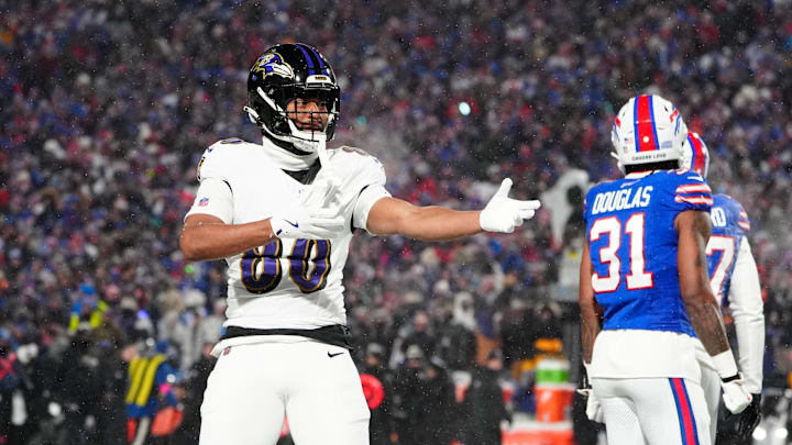 Jan 19, 2025; Orchard Park, New York, USA; Baltimore Ravens tight end Isaiah Likely (80) celebrates after making a catch during the first quarter against the Buffalo Bills in a 2025 AFC divisional round game at Highmark Stadium. Mandatory Credit: Gregory Fisher-Imagn Images